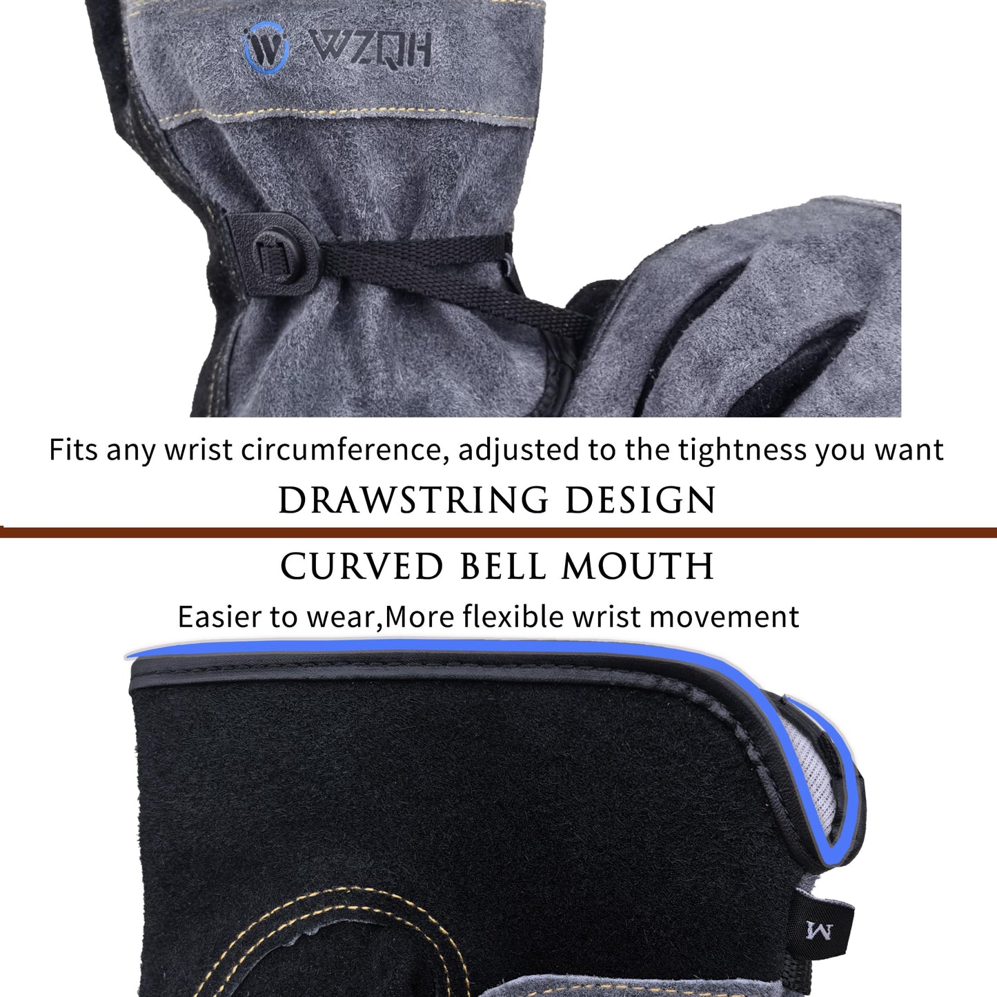 WZQH Leather Work Gloves for Men or Women, Large Glove for Gardening, Tig/Mig Welding, Construction, Chainsaw, Farm, Ranch, etc. Cowhide, Cotton Lined, Utility, Firm Grip, Durable. Grey-Black L