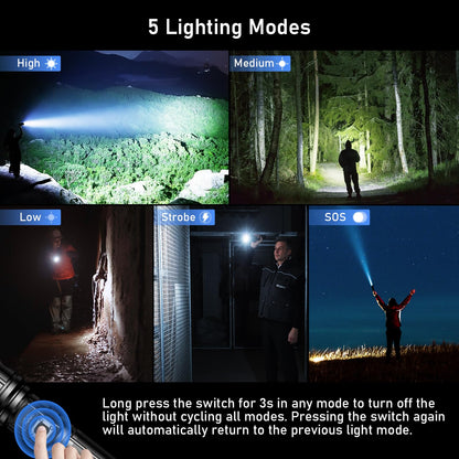 Blukar Torch Rechargeable, 500000 Lumens Torches LED Super Bright Flashlight, Adjustable Focus, 5 Modes, 5000 mAh Long Lasting, IP67 Waterproof, Smart Digital Display for Camping, Power Cuts,Emergency