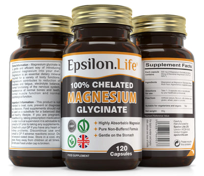 Epsilon Magnesium Glycinate Supplements - Chelated Mg Bisglycinate Supplement - 120 Easy to Take Vegan Capsules - 500mg Unbuffered Magnesium-Glycinate per Capsule - UK-Made
