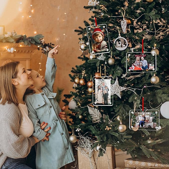 Christmas Photo Ornament Set of 4, 2x3 Inch Clear Acrylic Hanging Picture Frame for Family Photo, Christmas Tree, Holiday Decoration, Multifunctional Magnetic Picture Frames for Car and Fridge Decor