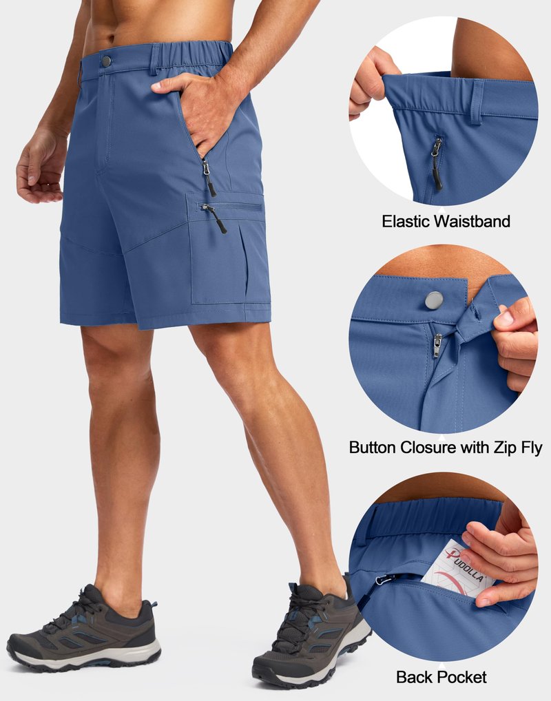 Pudolla Men's Hiking Cargo Shorts Lightweight 7" Travel Casual Shorts for Men Golf Work Outdoor with 5 Zipper Pockets(Dark Navy Large)