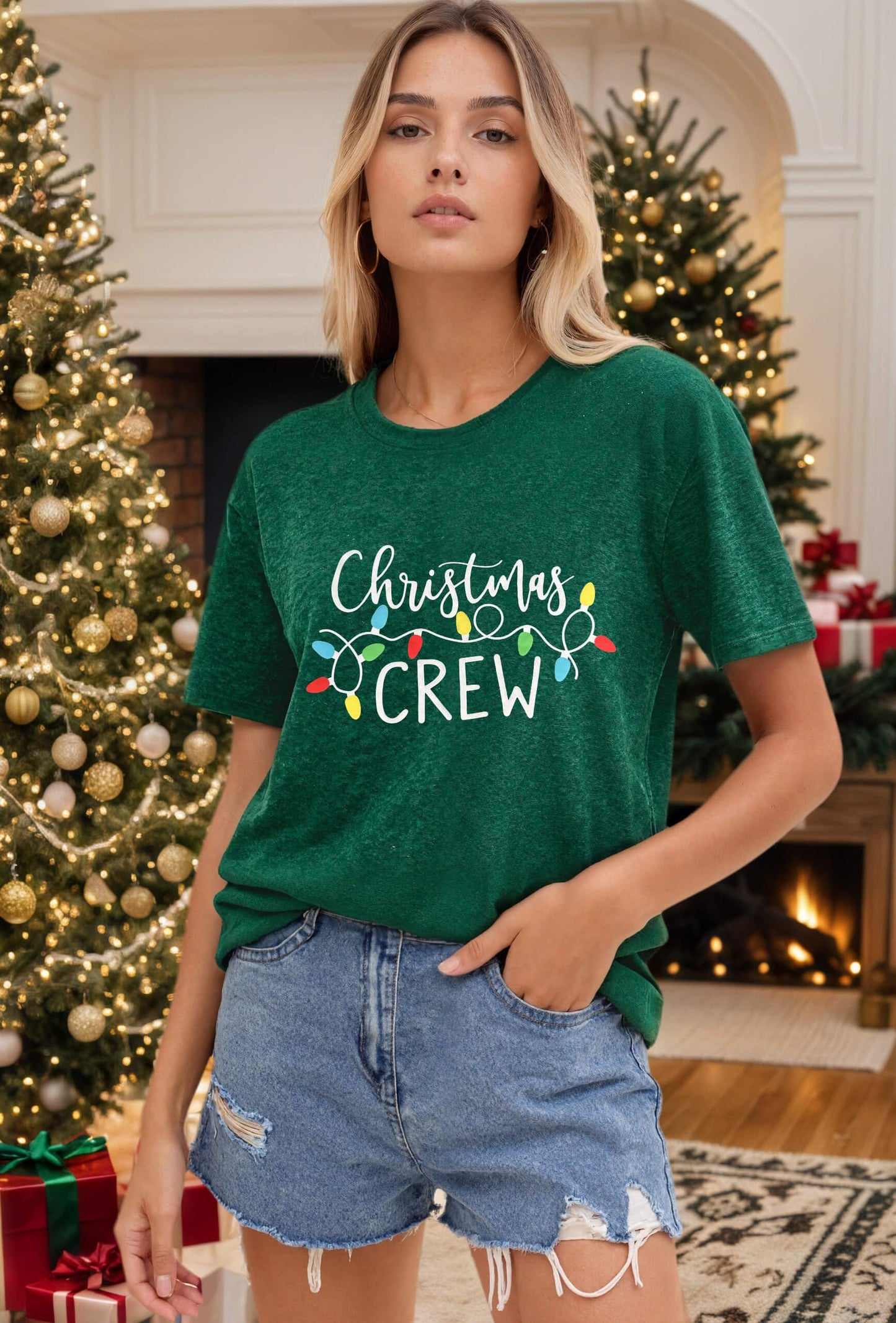 Christmas Shirts for Women 2025 Christmas Crew Shirt Xmas Lights Graphic Tshirt Holidays Short Sleeve Tops Green M