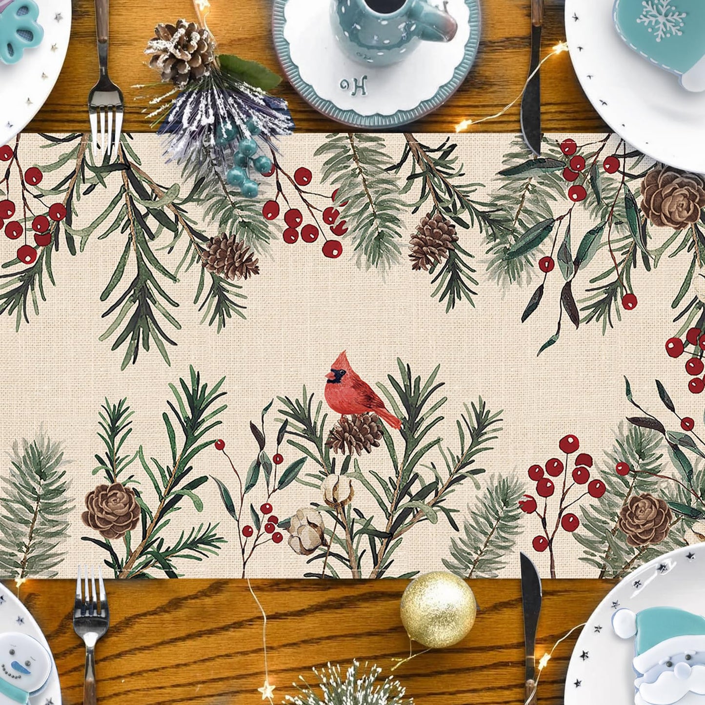 Seliem Winter Pine Needle Branches Table Runner, Pine Cone Cardinal Red Birds Berry Farmhouse Kitchen Dining Table Decor, Christmas Holiday Home Decoration Indoor Outdoor Party Supply 13 x 72 Inches