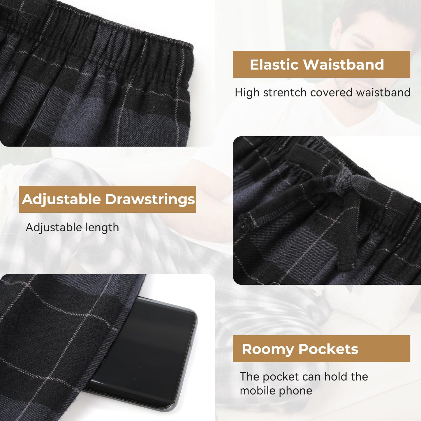 BAMBOO COOL Men's Pajama Bottoms Plaid Pajamas Pants for Men Soft Long Lounge Woven Pj Sleep Pant with Pockets