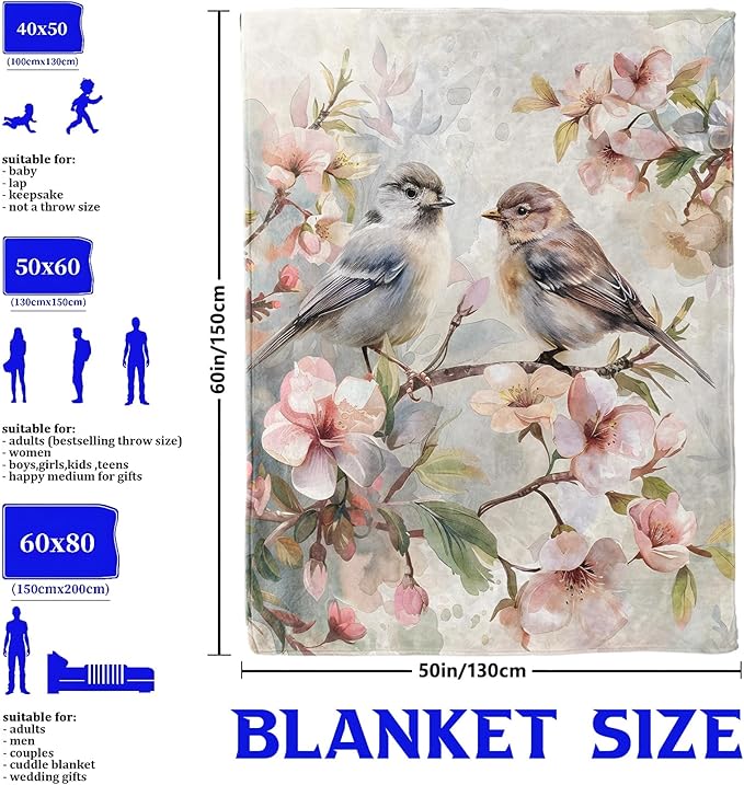 Bluebird Blossom Throw Blanket for Boys Girls Kids Adults Women, Fuzzy Warm Soft Cozy Flannel Blankets Gifts for Bedroom, Couch, Travel, Home Decor 60x80 in