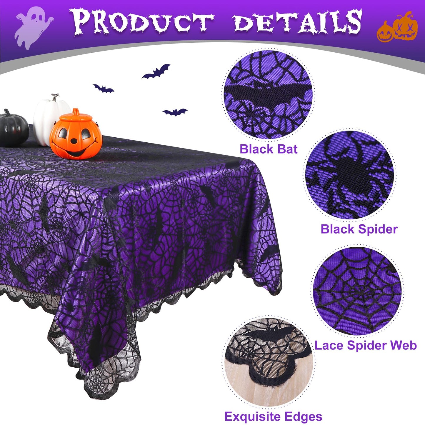 OurWarm 2PCS Halloween Tablecloth, Rectangular Polyester Black Lace & Purple Lined Tablecloth, Spider Web Table Cover for Scary Halloween Table Decorations, 60 x 84 Inch