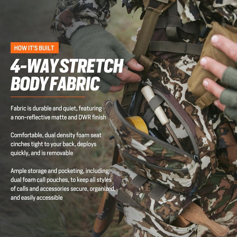 First Lite Treeline Turkey Vest - Tactical Hunting Vest with Game Pouch, Adjustable Seat & MOLLE System | Camo Design
