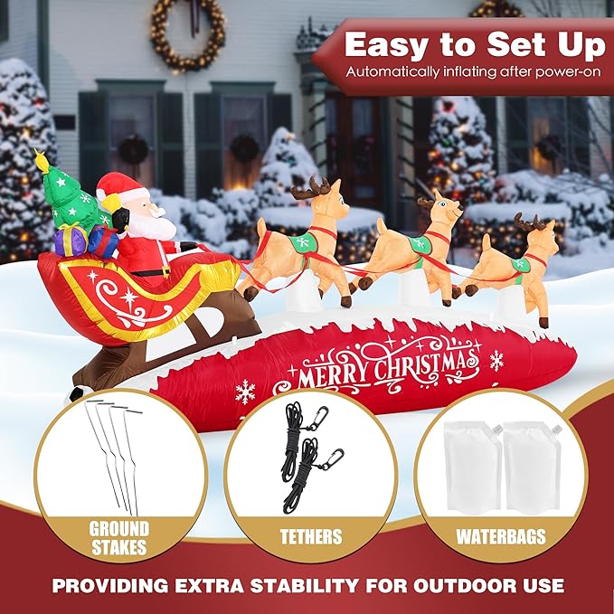 ZPISF 10 FT Santa Sleigh with Reindeer Christmas Inflatables Outdoor Decorations, Christmas Blow Up Yard Decorations for Garden Lawn Xmas Decor (Red)