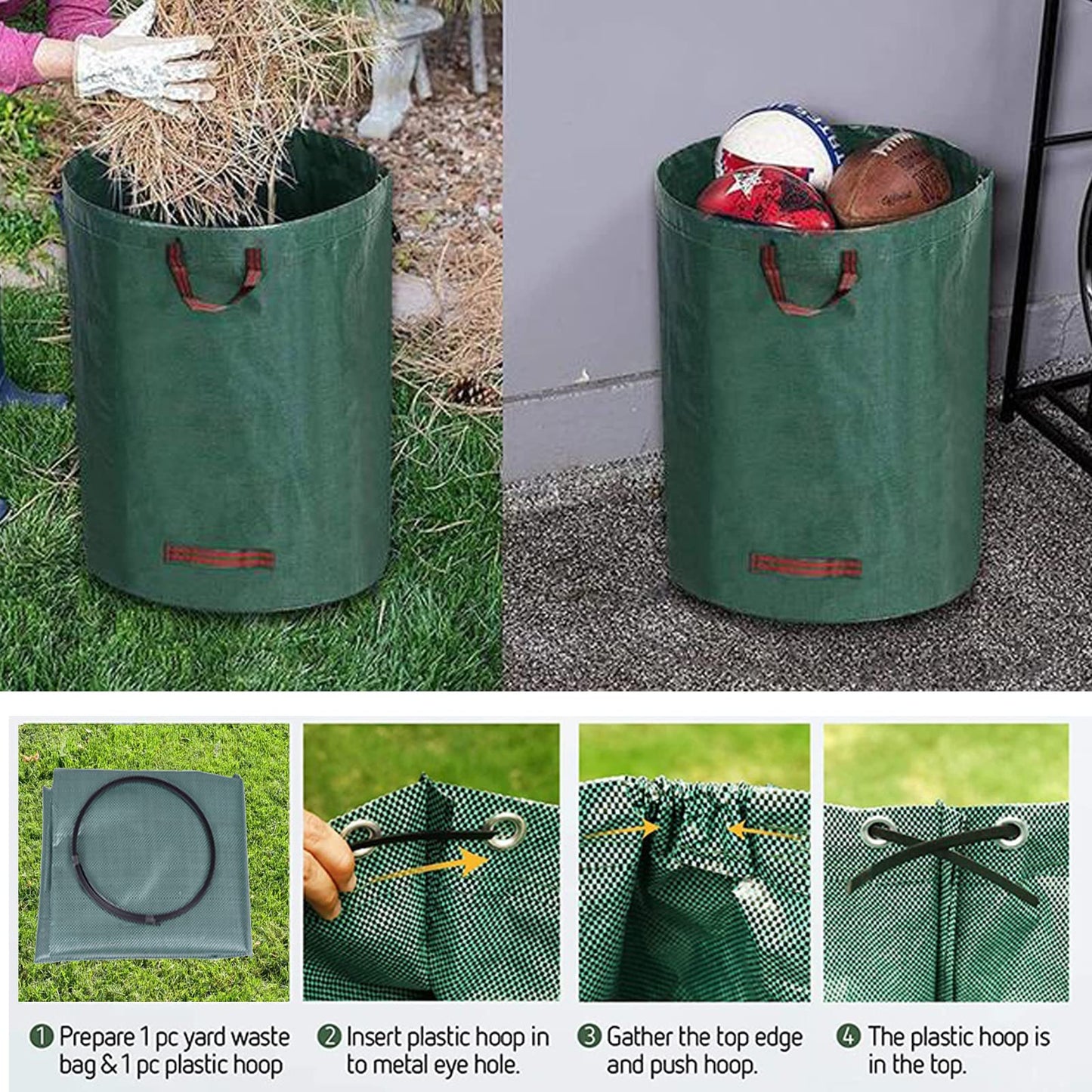 Zucklight Heavy Duty Garden Waste Bags 300 Litre - 3 Sacks Builders Bags Reusable - Industrial Fabric and Handles - Green/Garden Waste Sacks, Garden Bags Heavy Duty with Handles