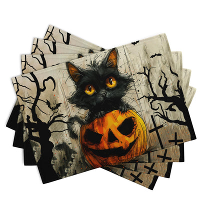 Halloween Black Cat Pumpkin 12x18 Placemats Set of 4 Happy Halloween Bat Branch Linen Table Place Mat Seasonal Fall Washable Heat Resistant Non Slip Table Placemats for Party Kitchen Dining Decor