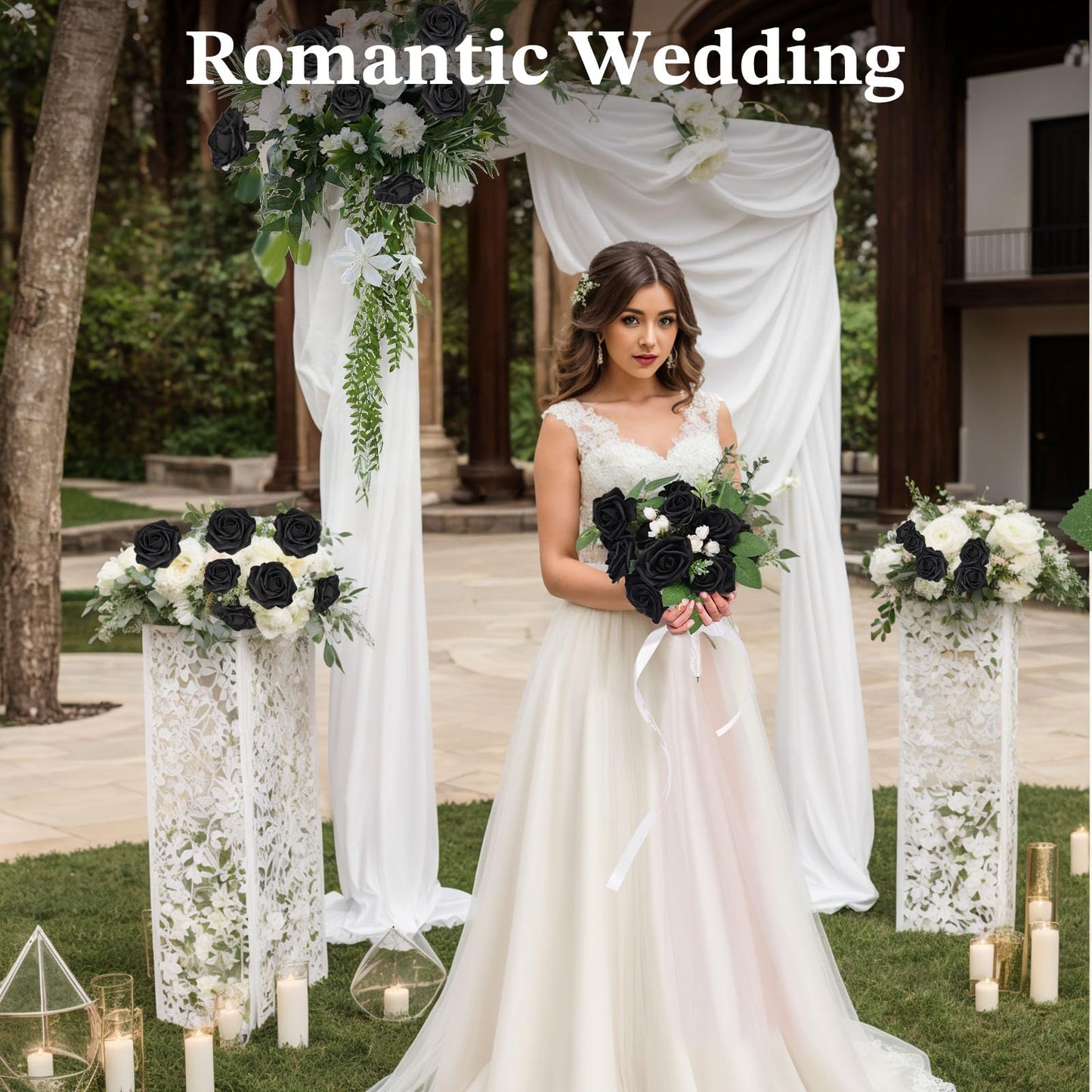 JOHOUSE 30PCS Black Fake Roses, Halloween Decor Artificial Flowers with Stems for Wedding Bouquets Party and Gothic Decoration