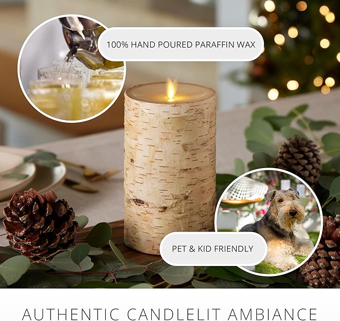 Luminara Realistic Artificial Flame Pillar Candle Wrapped with Real Birch Bark - Moving Flame LED Battery Operated Lights - Unscented - Remote Ready - Remote Sold Separately - 4.0" x 7.0"