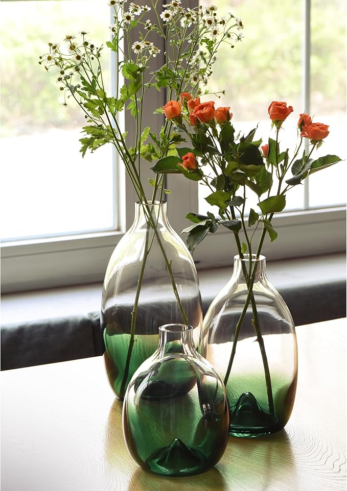 CONVIVA Modern Green Vase Set, Glass Flower vases,Large Decorative Centerpieces Kitchen Island Dining Table Living Sunroom Office Tabletop Set of 3,11"+9"+7" H