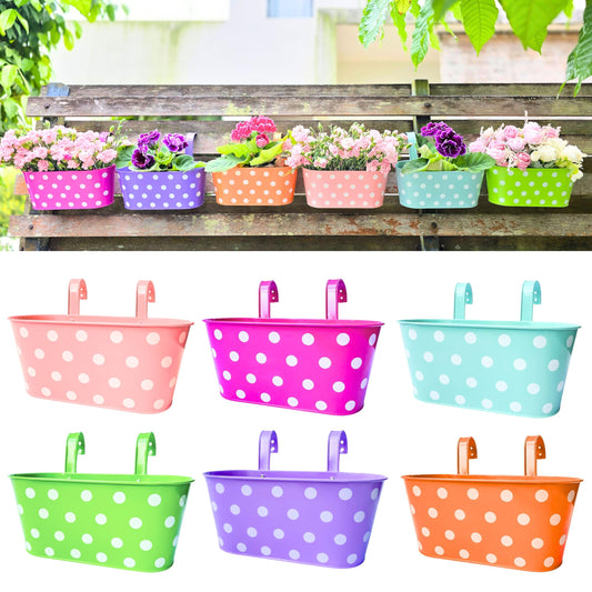 LaLaGreen Rail Planter (17 Inch, 6 Pack) Colorful Metal Hanging Flower Pots Railing Fence Balcony Gardening for Apartment Patio Planters Iron Outdoor Decoration Porch Decor Modern Garden Style