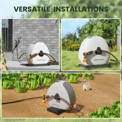 Giraffe Tools Ground Mounted Retractable Hose Reel 1/2 Inch x 130FT, Heavy Duty Automatic Rewind Garden Hose Reel, with Flexible Swivel Base for Lawn, Concrete Floor