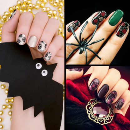 Maitys 168 Pcs 12 Sheets Halloween Goth Full Wrap Nail Stickers Nail Polish Strips Decals Skull Self Adhesive for Women DIY Decoration(Skeleton Style)