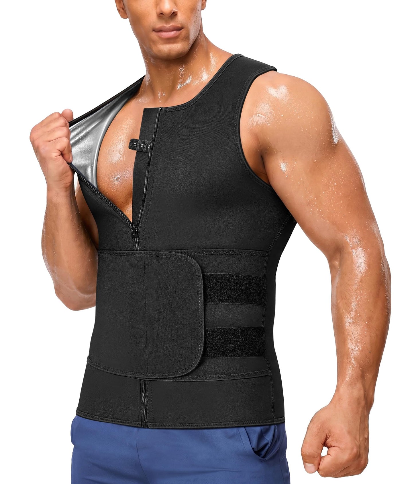 Junlan Sauna Suit for Men 2 in 1 Waist Trainer Sauna Shirt for Men Sweat Band for Stomach(Silver,Large)