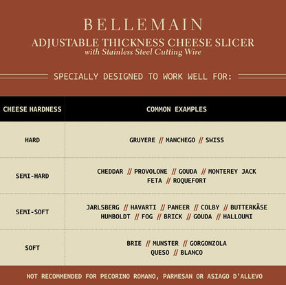 Bellemain Stainless Steel Wire Cheese Slicer - Adjustable Cheese Cutter for Cheddar, Gruyere, Raclette, Mozzarella Cheese Block, Gold