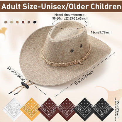 Zhanmai 12 Pcs Cowboy Hat and Bandana Cowboy Cowgirl Hats Bulk Western Party Costume Halloween Accessory (Brown Series,Hamp)