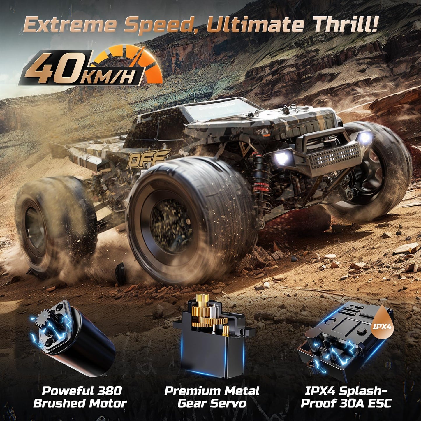 DEERC 9309E 1/16 All Terrain Fast RC Cars for Adults 40KPH,4WD Electric Off-Road Remote Control Monster Truck,2.4Ghz High Speed Car,Waterproof Monster Truck with 2 Batteries for Boys & Kids