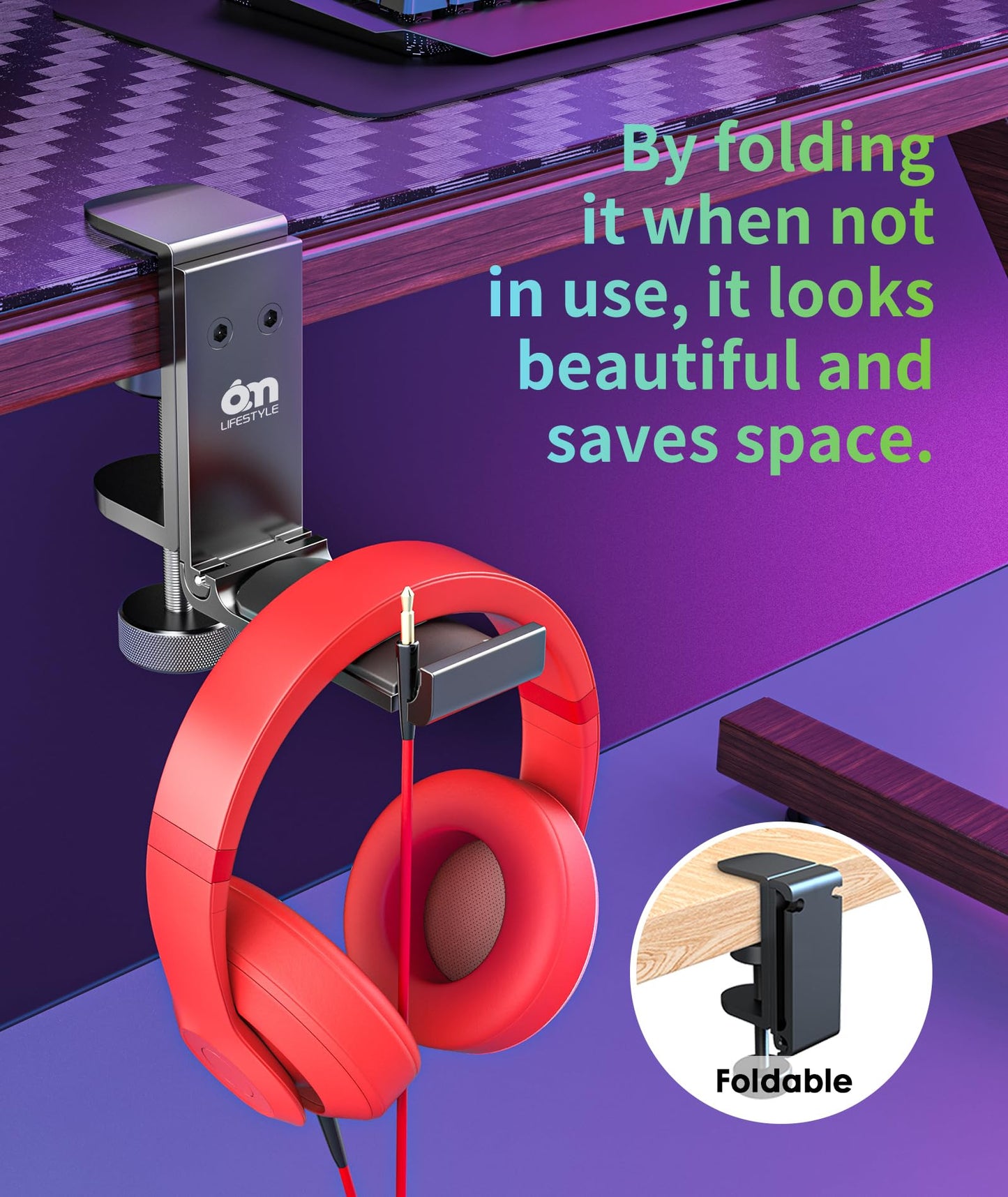 6amLifestyle Foldable Headphone Hodler Hook Hanger Stand Under Desk, Headphone Wall Mount with Cable Organizer Save Space Metal, Headset Holder Clamp for Headphones Gaming PC Headsets, Purse Handbag