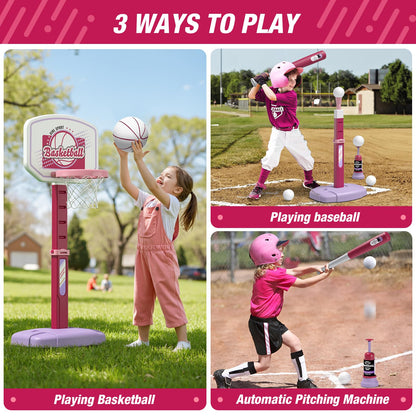 HYES 2 in 1 Kids Basketball Hoop and T Ball Set - Adjustable Height, Kids Baseball Tee with Automatic Pitching Machine, Indoor Outdoor Sport Toys Gifts for Toddler Boys Girls Age 1-5, Pink