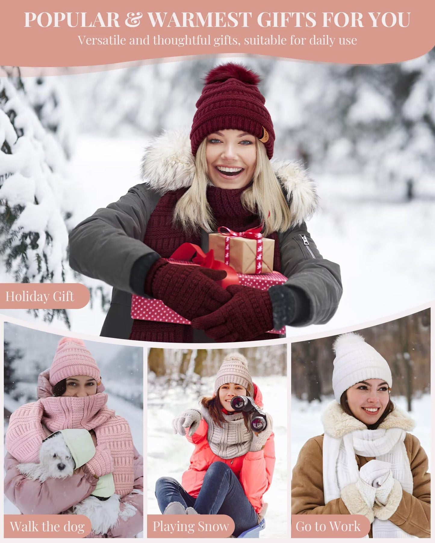 Womens Winter Beanie Hat Scarf Gloves Set, Cute Pom Pom Beanie with Warm Fleece Lined Long Knit Neck Scarf Touchscreen Gloves, 3 Piece Set for Cold Weather(Black)