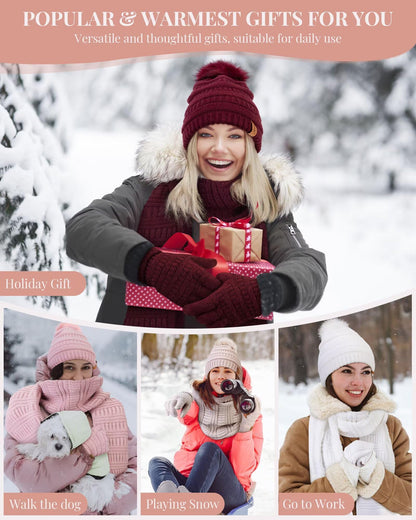 Womens Winter Beanie Hat Scarf Gloves Set, Cute Pom Pom Beanie with Warm Fleece Lined Long Knit Neck Scarf Touchscreen Gloves, 3 Piece Set for Cold Weather(Black)