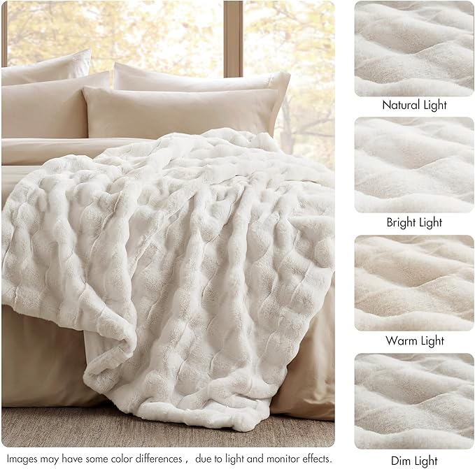 Madison Park Luxuriously Cozy Soft Long Faux Fur Throw Basketweave Blanket Reversible Soft & Snuggly Velvet Throw, Lightweight, Breathable Trendy Room Décor Summer Blanket, 50x60, Ivory