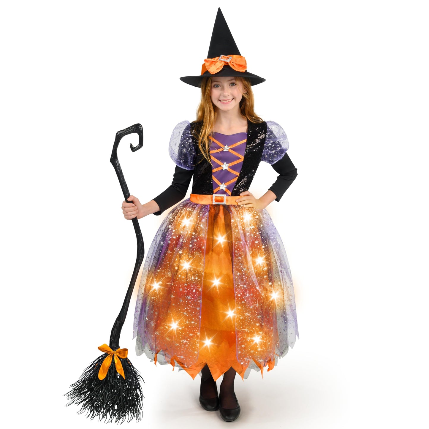 Spooktacular Creations Witch Costume Kids, Light Up Halloween Costumes Witch Dress with Hat and Broom for Girls, Sweet Wizard Set for Toddler Scary Halloween Themed Parties, Orange, L