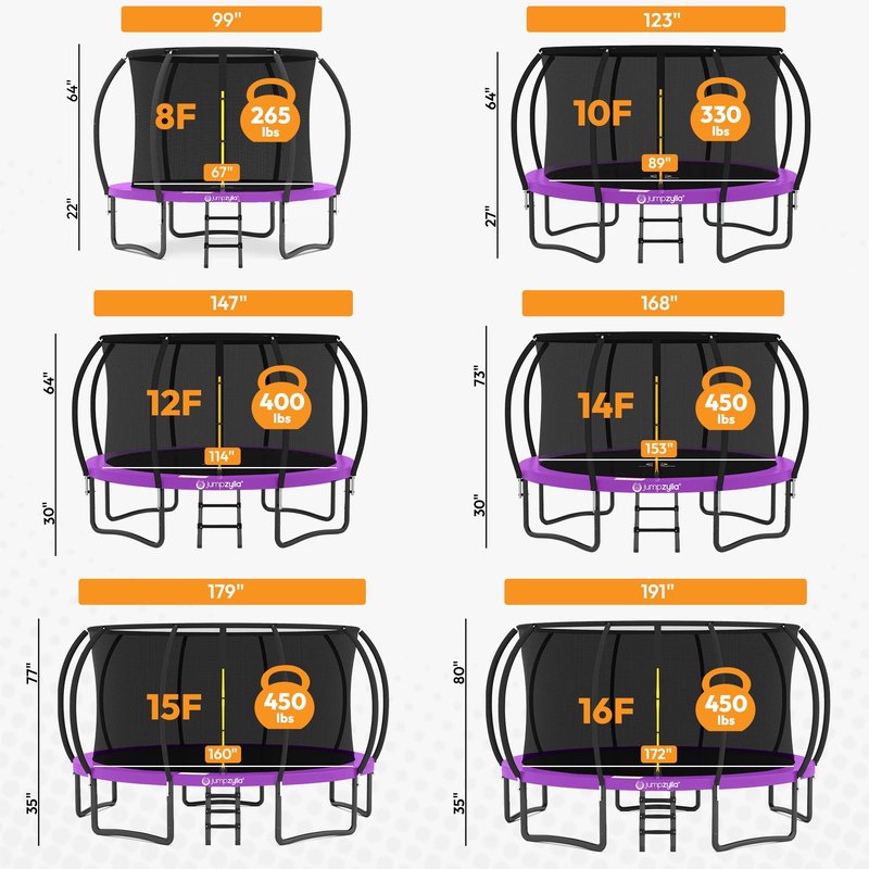 JUMPZYLLA Trampoline Outdoor 8FT 10FT 12FT 14FT 15FT 16FT with Enclosure and Ladder, ASTM Approved Recreational Trampoline for Kids and Adults, Anti-Rust Coated Frame (Purple, 16FT)