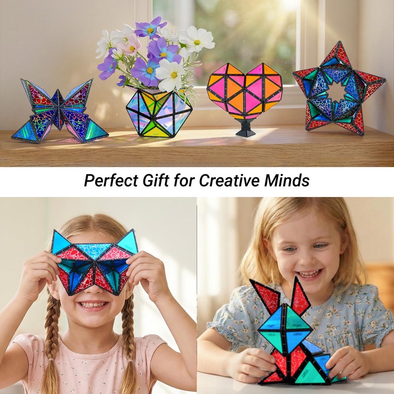 TOSY Magnet Pyramid Stone - 1 Cube Transforms into 1 Billion Shapes (Bunny, Egg Basket, Flowers, Heart), Easter Birthday Gift, 12 pcs, 243 Magnets, Holographic Design, Puzzle/STEM Toy