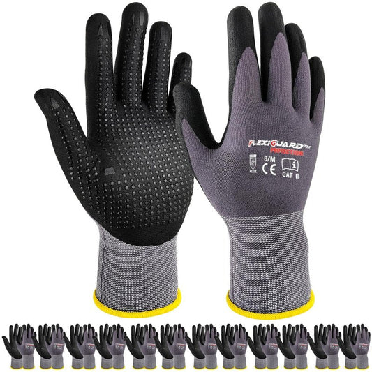 Gasoline Safety Work Gloves Extra Micro-Foam Nitrile Coated-12 Pairs,Endurance Seamless Knit Nylon Spandex,Dots on Palm, Dot Grip Gloves，Work Gloves Men and Women (12, M)