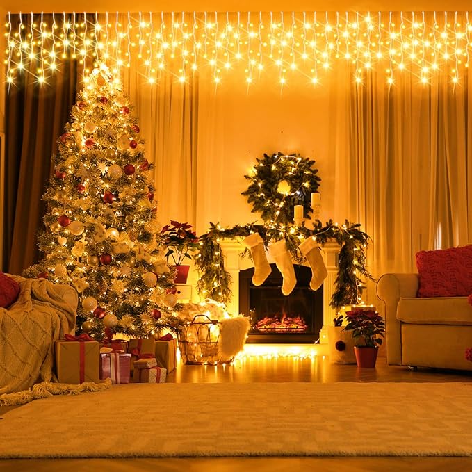 66 Ft 640 LED Christmas Icicle Lights Extra Long 8 Modes Waterproof Icicle String Light with 120 Drops, Fairy Hanging Lights Decor with Remote for Xmas Wedding Indoor Outdoor Warm White