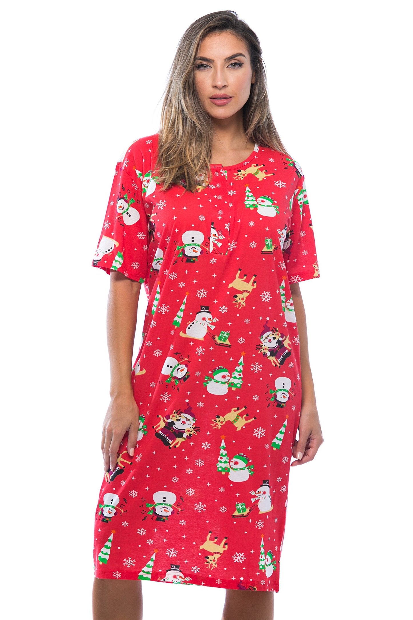 Just Love 4360-10003-XL Short Sleeve Nightgown Sleep Dress for Women Sleepwear, Red - Holiday Friends, X-Large