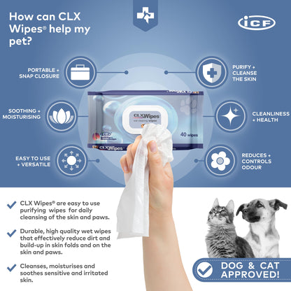 ICF | CLX Cat & Dog Wipes | Antibacterial & Antifungal Cleansing Wipes for Paws, Skin Folds & Ears | Supports Healthy Skin & Odor Control | 40 Count