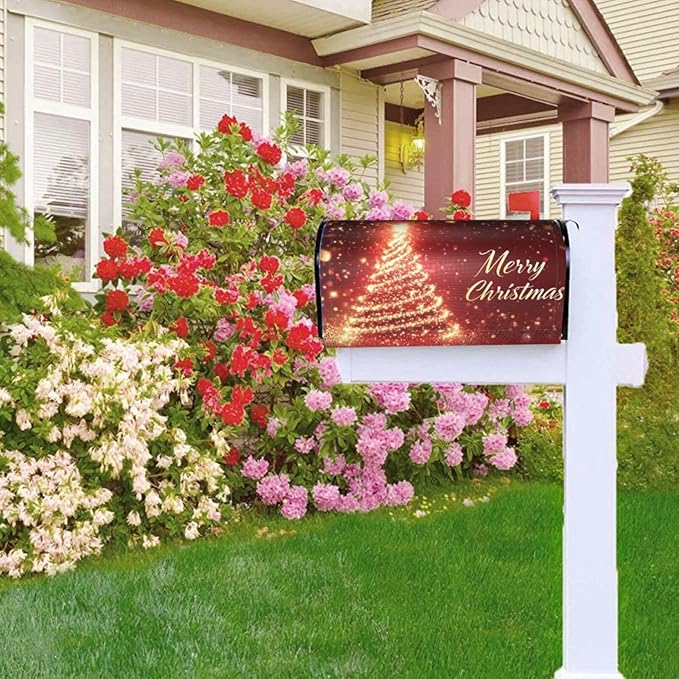 Festive Magnetic Mailbox Cover Red Pine Tree Christmas Pattern Outdoor Mailbox Protector Holiday Seasonal Decorative Garden Yard Home Standard Size 21 x 18 Inch