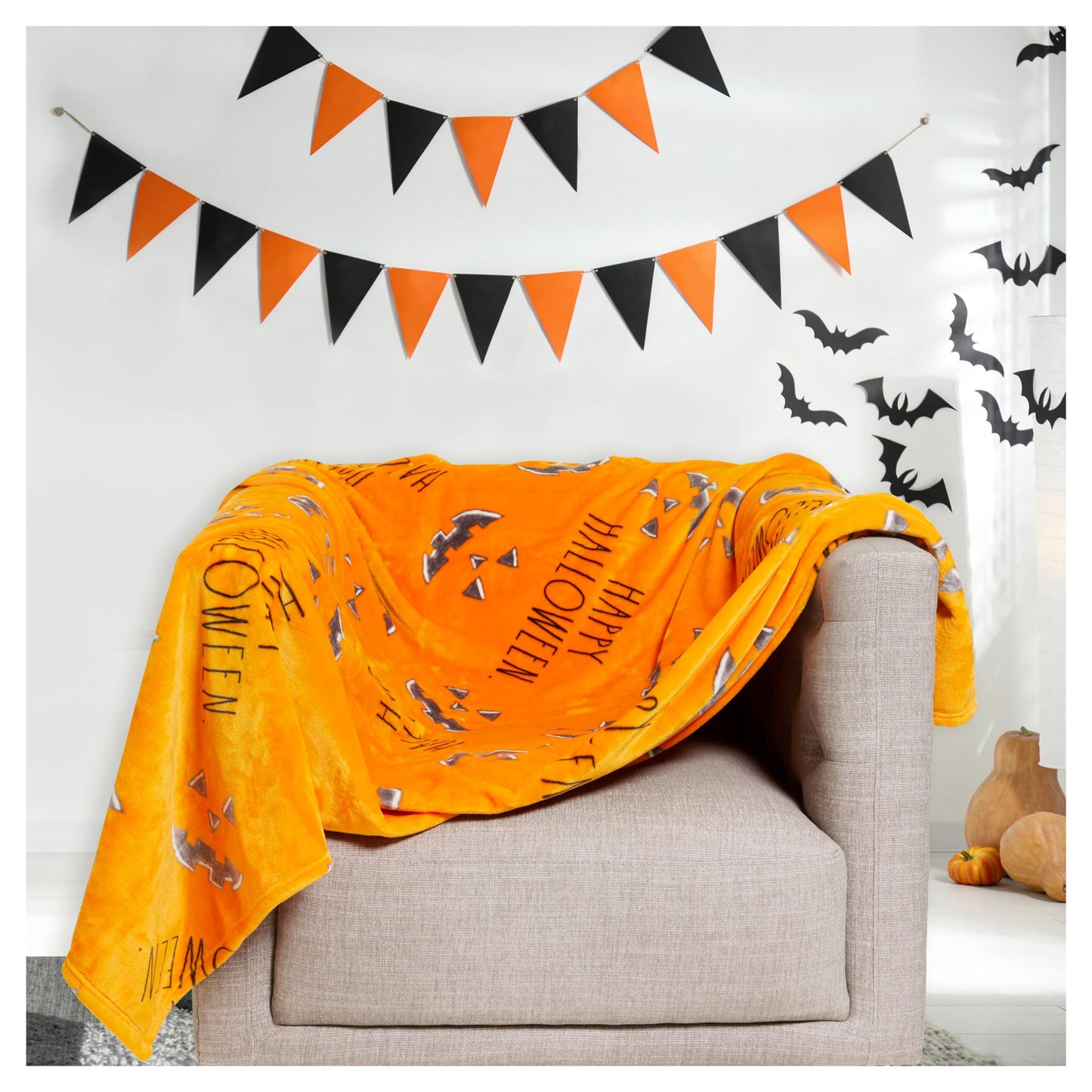 Rae Dunn Throw Blanket- Soft, Decorative Blankets for Bed or Couch, Cozy Throws for Sofa, Soft Plush Throw Embroidered Happy Halloween, 50 inches x 70 inches