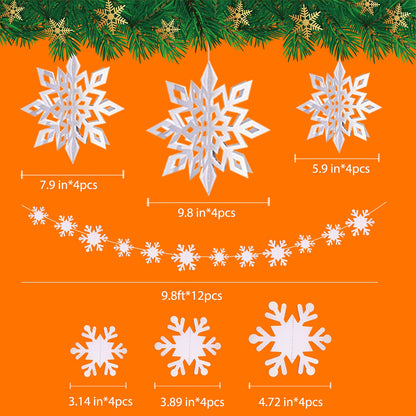 12PCS Winter Christmas Hanging Decorations - 3D White Paper Snowflake Garland with Snowflake Banner for Christmas Holiday Winter Wonderland Frozen Party Decorations