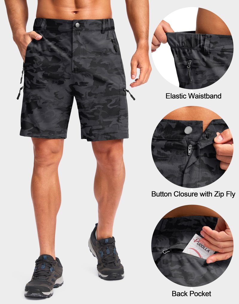 Pudolla Men's Hiking Cargo Shorts Lightweight 7" Travel Casual Shorts for Men Golf Work Outdoor with 5 Zipper Pockets(Black Camo Small)