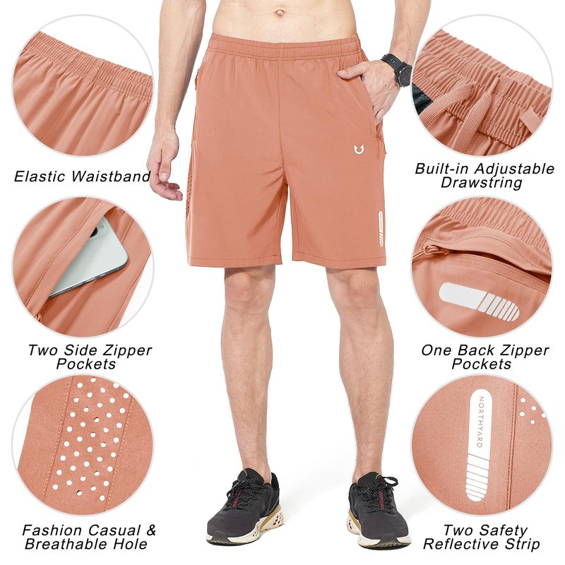 NORTHYARD Men's Athletic Running Shorts Gym Workout 7"/9"/5" Quick Dry Lightweight Sports Basketball Tennis 3 Zipper Pockets PINKORANGE S