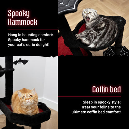 Littlesy Gothic Cat Tree with Coffin Cat Bed, Hammock, Spider & Bat Goth Cat Toys - 35 Inch Tall Coffin Cat Tree for Gothic Lovers with Luxurious Bed Experience Black and Red