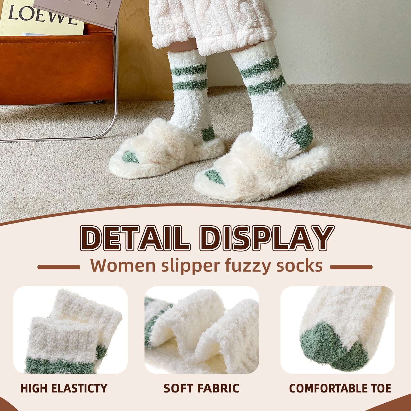 Velice Womens Fuzzy Socks Soft Cozy Fluffy Slipper Winter Socks Warm Plush Sleeping Christmas Socks (White)