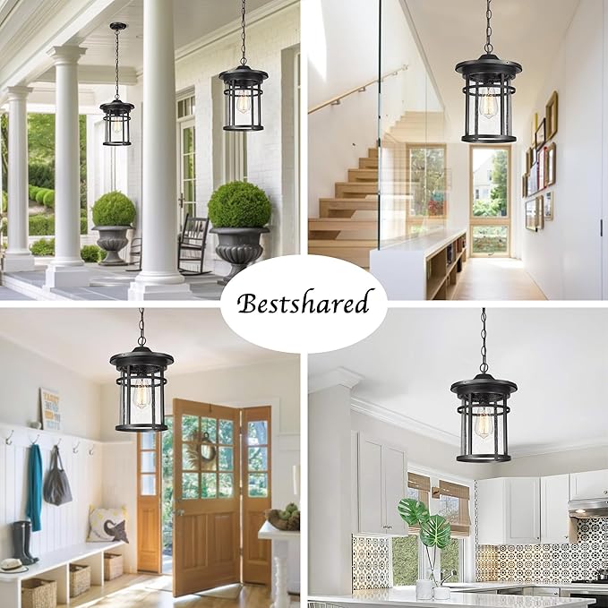 Bestshared Outdoor Pendant Lighting, 1-Light Outdoor Hanging Lantern Light Fixtures for Porch, Farmhouse Style Exterior Porch Lights with Seeded Glass