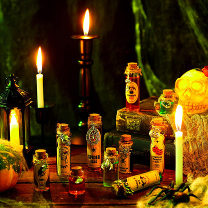 53 Pcs Halloween Mini Potion Bottles Set Including 12 Decorative Glass Bottles with Cork Stoppers 20 Creepy Apothecary Bottle Labels Stickers 20 Charms Pendants 1 String (5/10/15/20 ML,Classic)