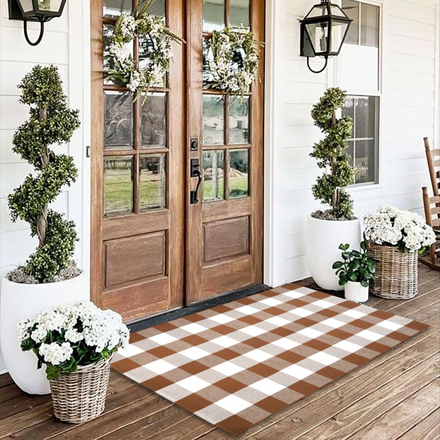 Buffalo Plaid Outdoor Rugs, 4'x6' Coffe and White Checkered Area Rug, Layering Rug for Hello/Welcome Door Mat, Washable Cotton Woven Farmhouse Mat for Front Porch Décor