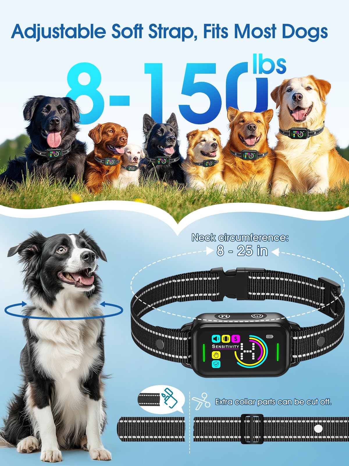 DINJOO Bark Collar, Dog Bark Collar for Large Medium Small Dogs,Smart Bark Collar,Rechargeable Anti Barking Training Collar with 8 Adjustable Sensitivity,Bark Shock Collar with Beep (Dark Black)