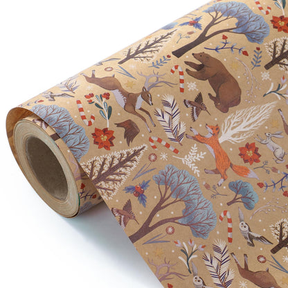 WRAPAHOLIC Kraft Christmas Wrapping Paper - Mini Roll - 17 Inch x 33 Feet - Christmas Animal Wrapping Paper and Tree Elements for Holiday, Party Celebration