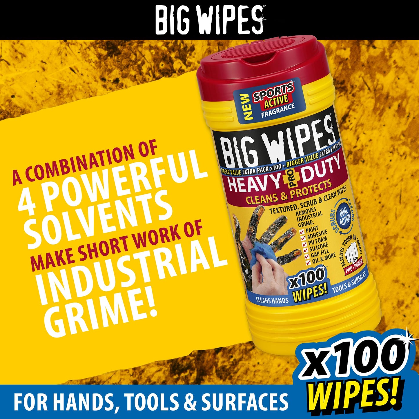 Big Wipes Heavy Duty Pro+ Hand Wipes x100 - Dispenser Tub | Removes Paint, Oil, PU Foam & Adhesives. Aloe Vera & Vitamin E Enriched, Dual-Sided Trade Wipes, Skin Safe, Tear Resistant
