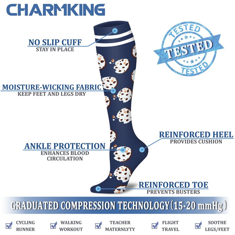 CHARMKING Compression Socks for Women & Men (8 Pairs) 15-20 mmHg Graduated Copper Support Calf Socks are Best for Pregnant, Nurses - Boost Performance, Circulation, Knee High Wide Calf(S/M, Multi 54)